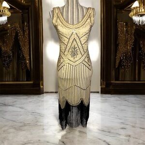Fundaisy Beaded Sequin Dress Size XS Gold Flapper Gatsby Maxi Prom Bodycon Gown